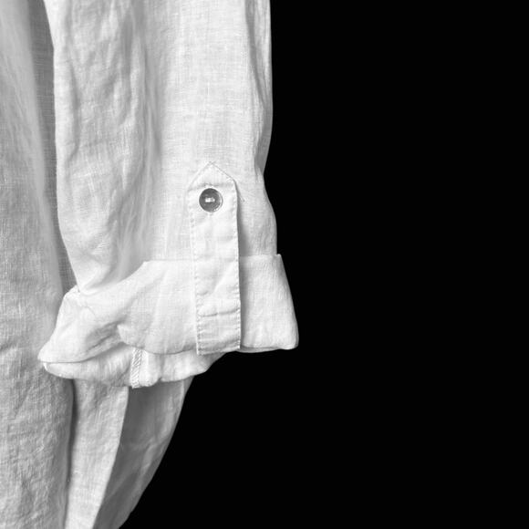 MAGASCHONI Linen Top Sz‎ L Roll Tab Sleeve Collared Button Up Big Pockets White - Picture 3 of 9